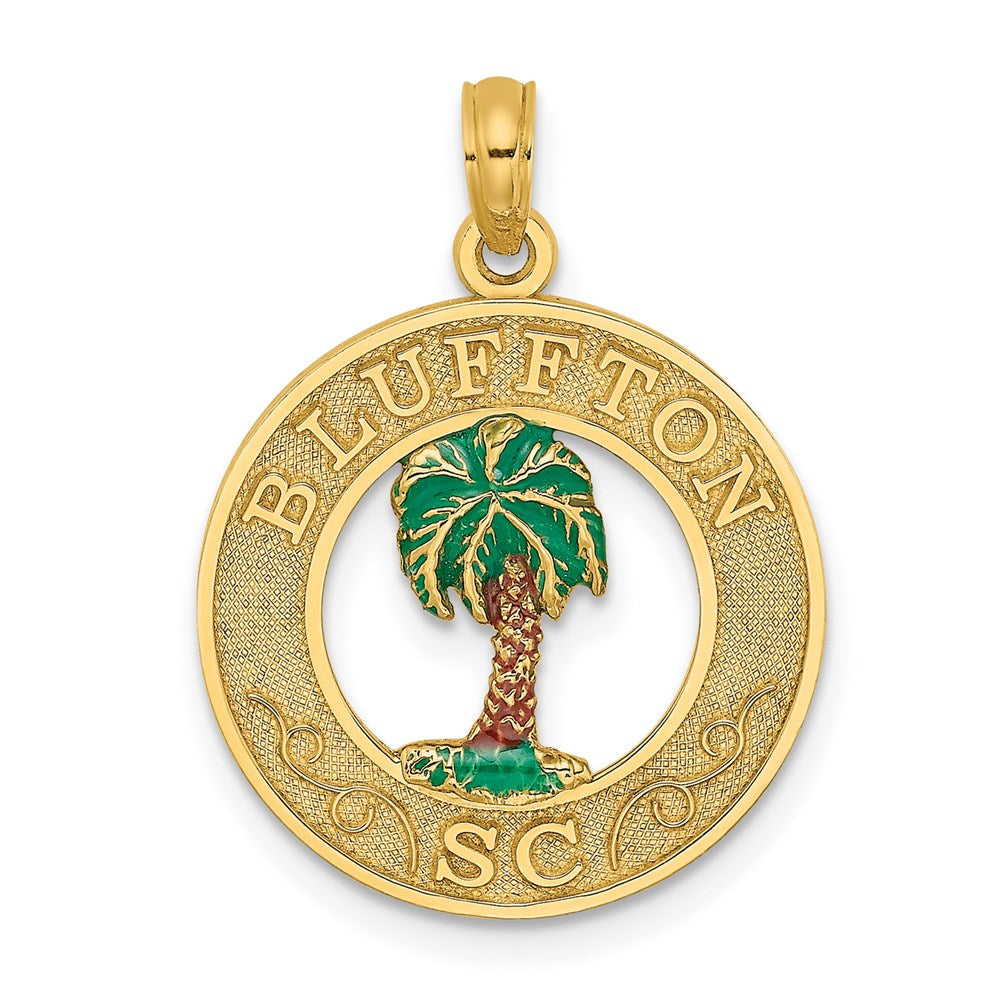 14k Yellow Gold 18.8 mm BLUFFTON SC Circle Enameled Palm Tree Charm (2.02 grams)