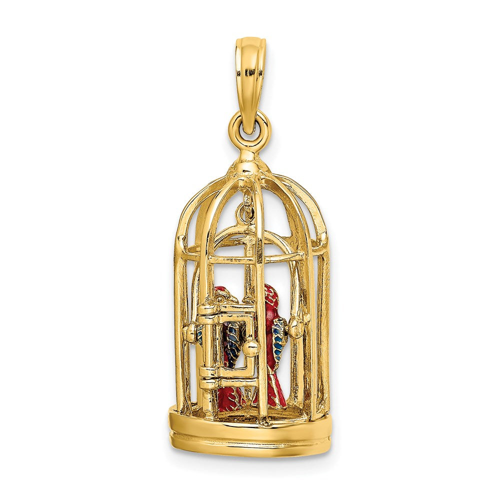 14k Yellow Gold 12.05 mm w/ Enamel 3-D Bird Cage w/ 2 Birds and Doors Open Charm (4.54 grams)