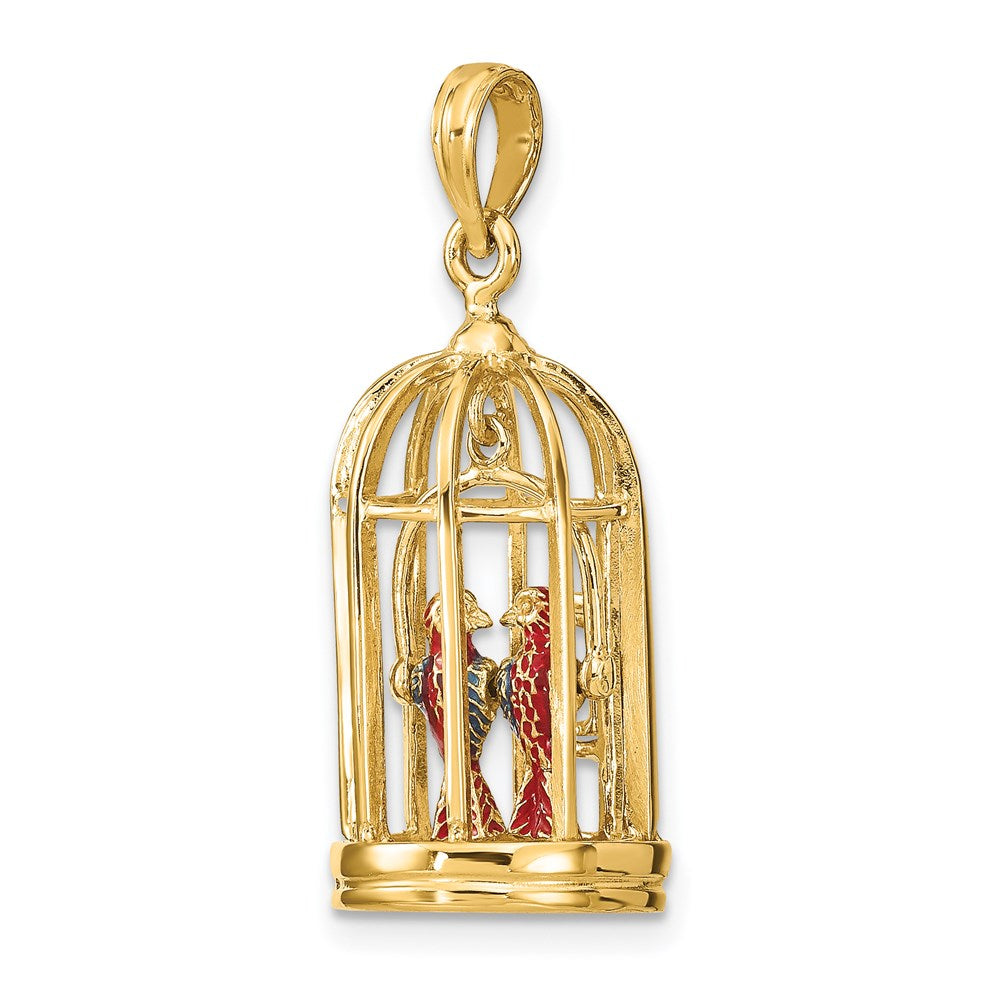 14k Yellow Gold 12.05 mm w/ Enamel 3-D Bird Cage w/ 2 Birds and Doors Open Charm (4.54 grams)