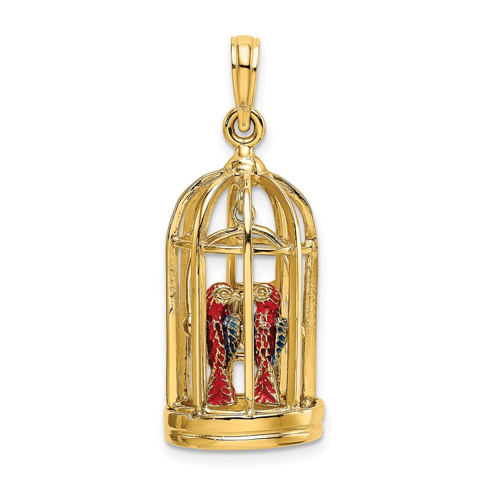 14k Yellow Gold 12.05 mm w/ Enamel 3-D Bird Cage w/ 2 Birds and Doors Open Charm (4.54 grams)