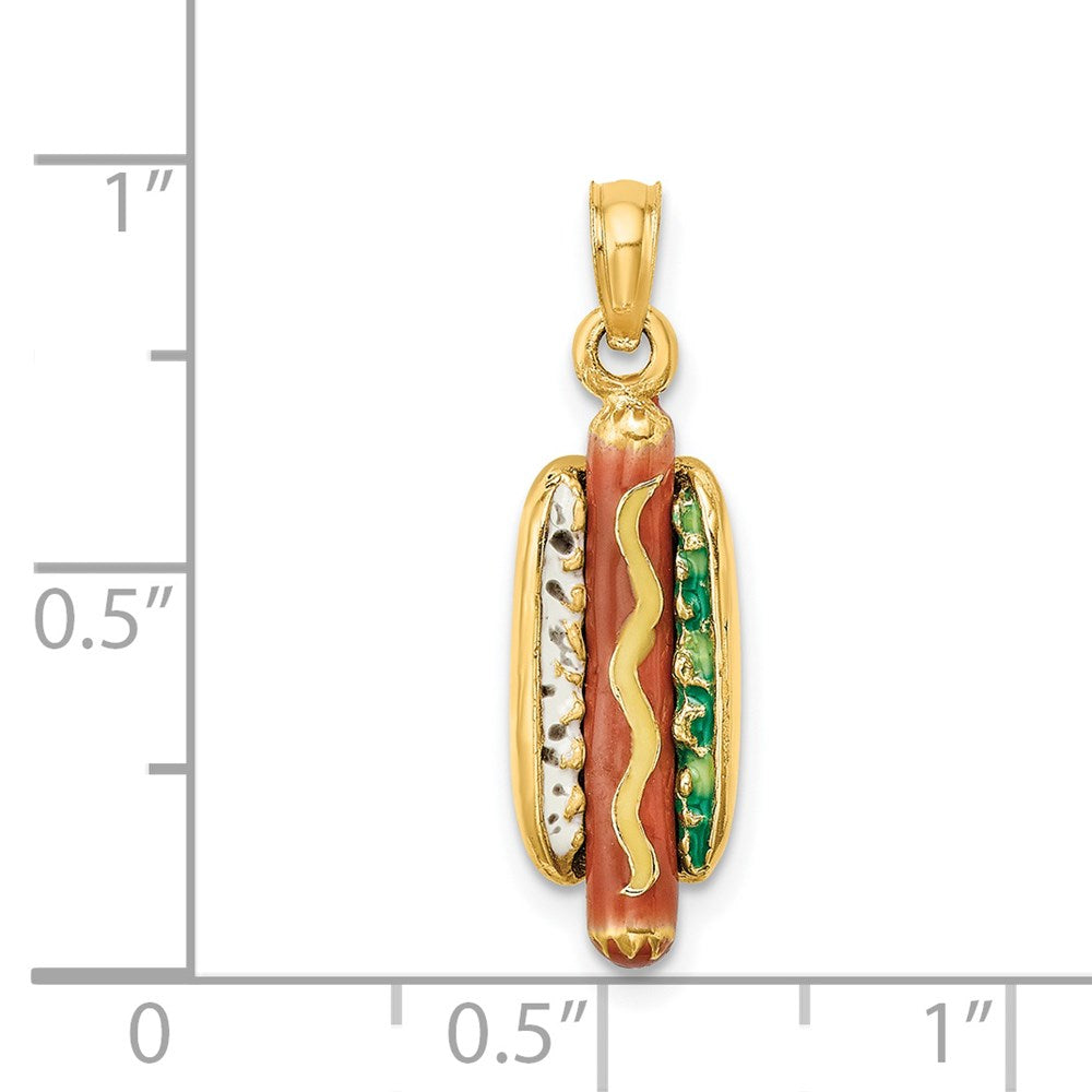 14k Yellow Gold 7.5 mm 3-D Enamel Hot Dog w/ Bun Charm (3.91 grams)
