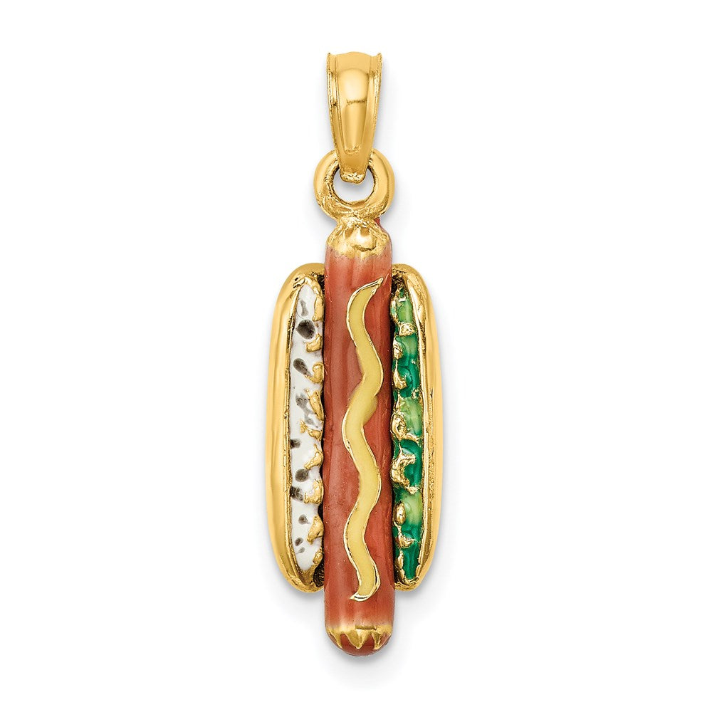 14k Yellow Gold 7.5 mm 3-D Enamel Hot Dog w/ Bun Charm (3.91 grams)