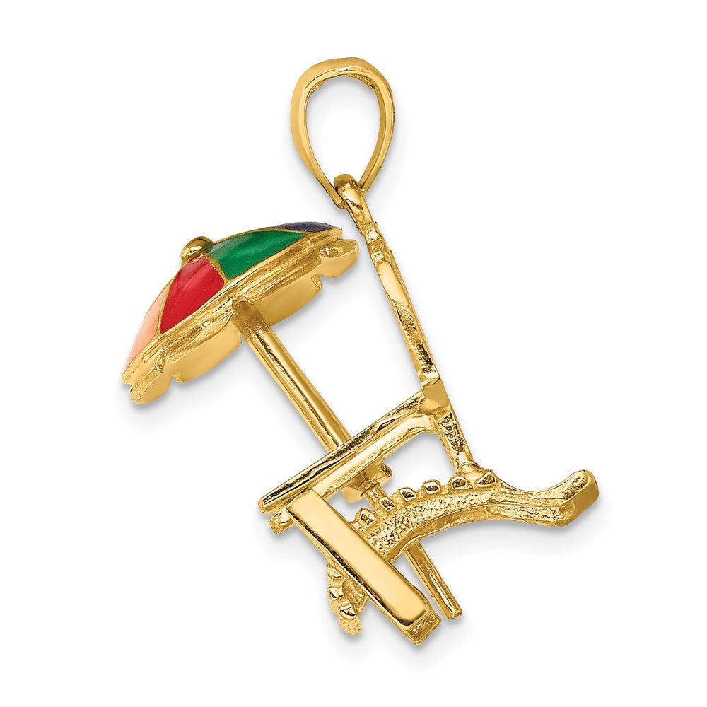 14k Yellow Gold 16.15 mm 3-D w/ Enamel Umbrella Beach Chair Charm (4.28 grams)
