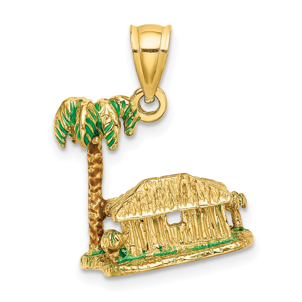 14k Yellow Gold 15.8 mm 3-D W/Enamel Palm Tree and Hut Charm (3.97 grams)
