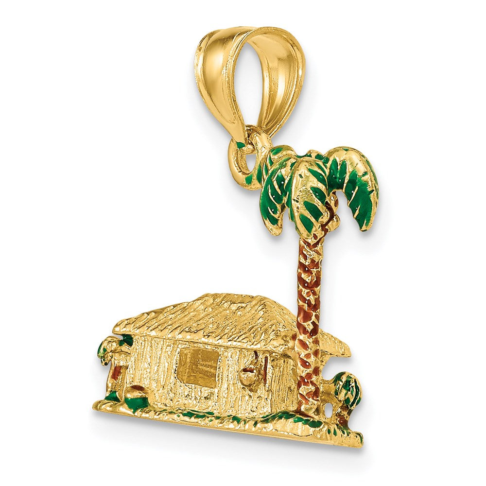 14k Yellow Gold 15.8 mm 3-D W/Enamel Palm Tree and Hut Charm (3.97 grams)