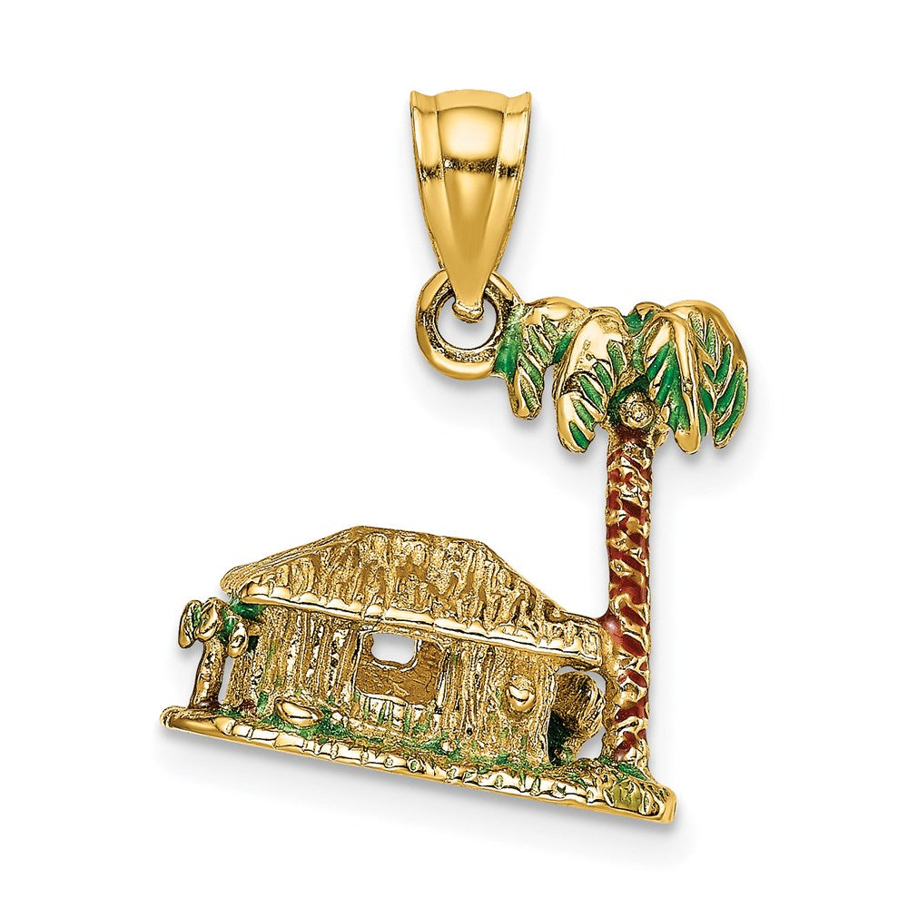 14k Yellow Gold 15.8 mm 3-D W/Enamel Palm Tree and Hut Charm (3.97 grams)