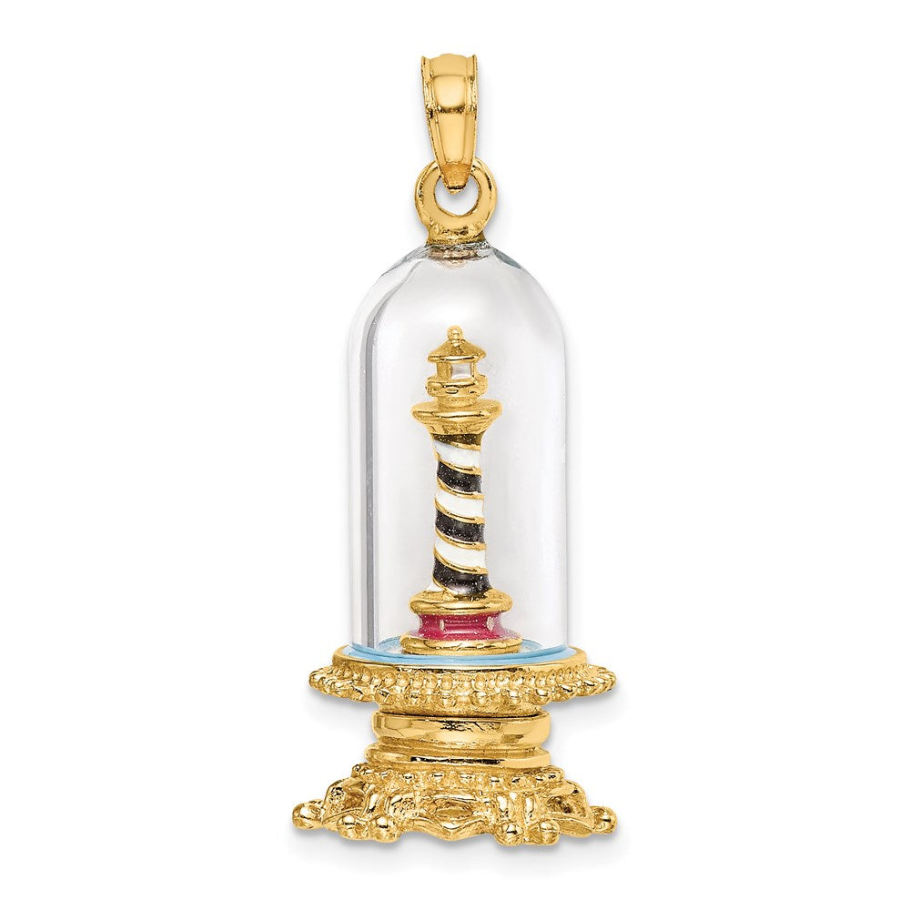 14k Yellow Gold 12.9 mm 3-D Enamel Lighthouse In Glass Dome Charm (5.77 grams)