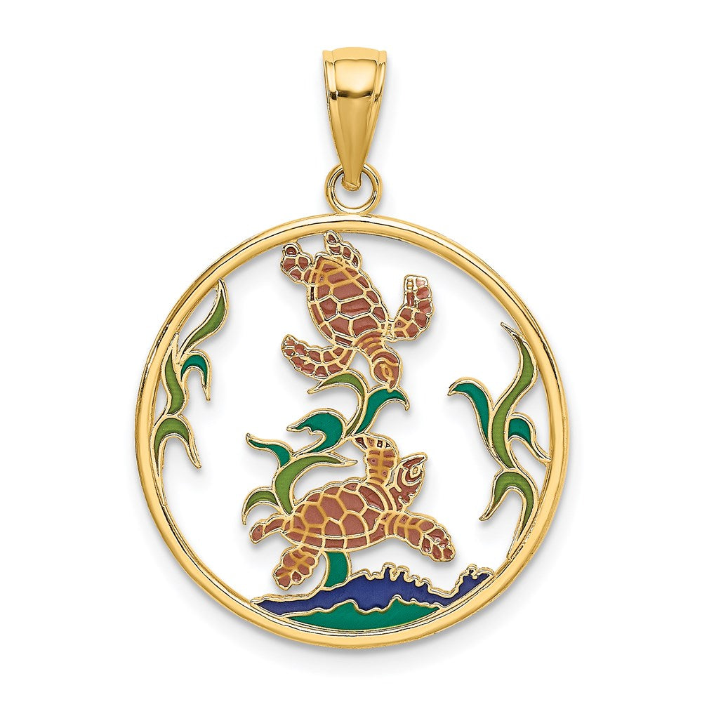 14k Yellow Gold 22.45 mm Enamel Sea Turtles In Circle Charm (2.3 grams)