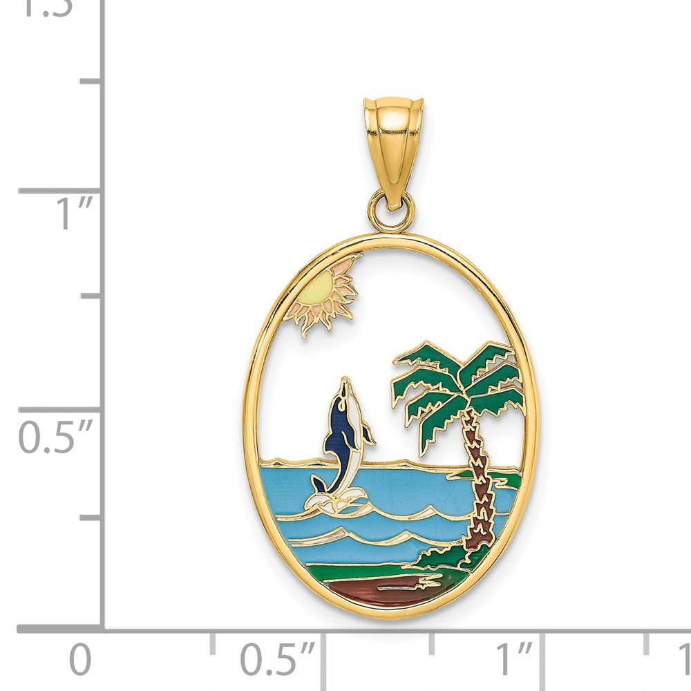 14k Yellow Gold 18.35 mm Enamel Dolphin Jumping In Beach Scene Charm (2.32 grams)