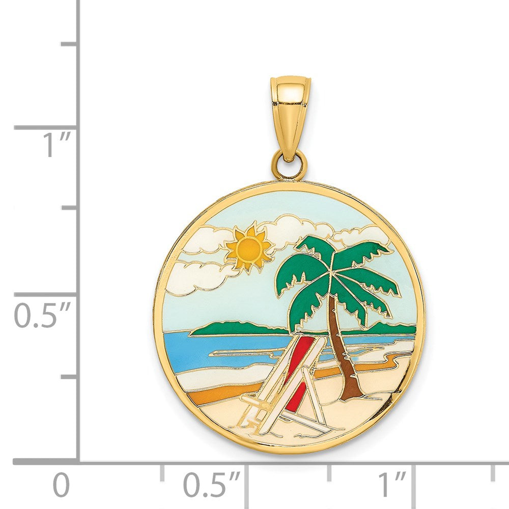 14k Yellow Gold 22.2 mm Enamel Beach Scene On Round Disc Charm (3.03 grams)
