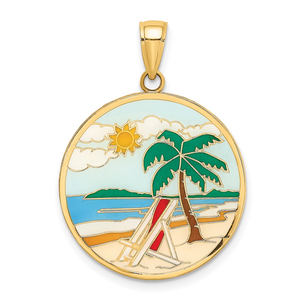 14k Yellow Gold 22.2 mm Enamel Beach Scene On Round Disc Charm (3.03 grams)
