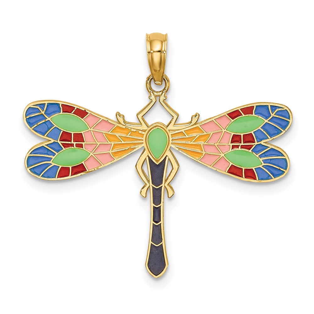 14k Yellow Gold 29 mm Multi Color Enamel Dragonfly Charm (1.84 grams)