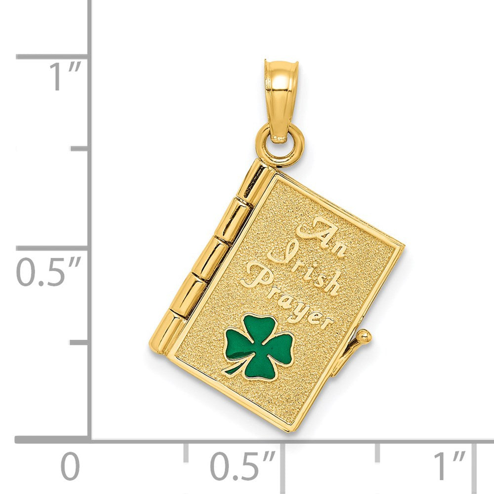 14k Yellow Gold 17.15 mm 3-D Moveable Enameled AN IRISH PRAYER Book w/Clover Charm (2.96 grams)