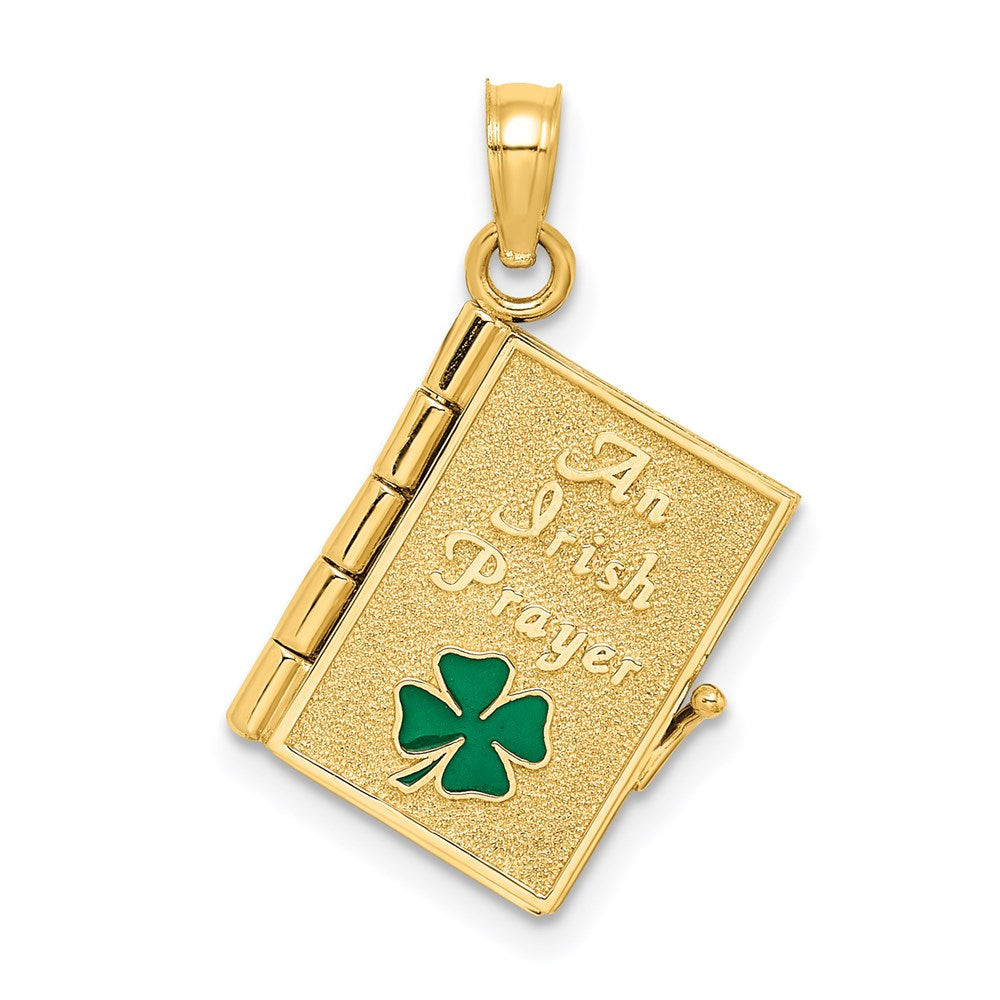 14k Yellow Gold 17.15 mm 3-D Moveable Enameled AN IRISH PRAYER Book w/Clover Charm (2.96 grams)