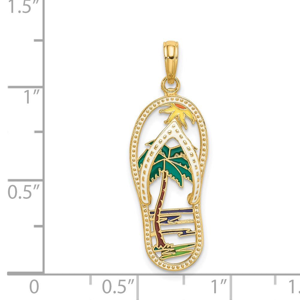 14k Yellow Gold 11.65 mm Enamel Palm Tree Flip-Flop Charm (1.79 grams)