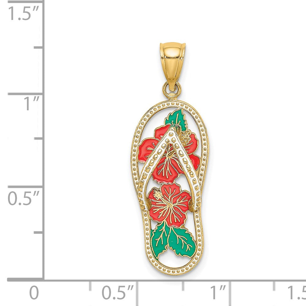 14k Yellow Gold 11.4 mm Enamel Red Hibiscus Flower Flip-Flop Charm (2.02 grams)