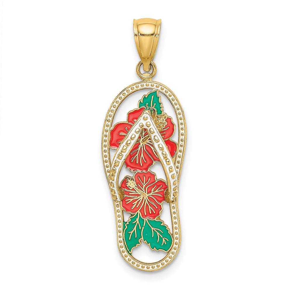 14k Yellow Gold 11.4 mm Enamel Red Hibiscus Flower Flip-Flop Charm (2.02 grams)