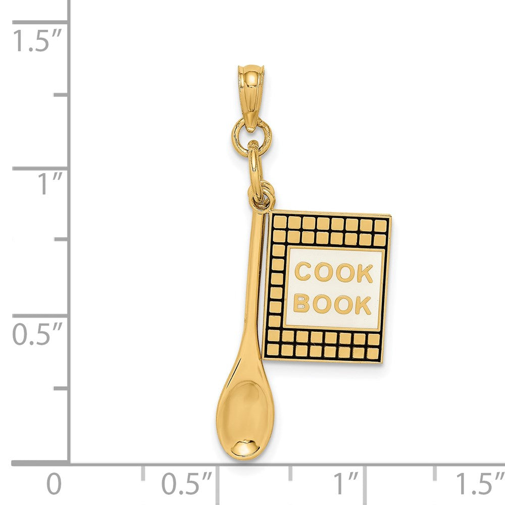 14k Yellow Gold 17 mm 3-D Cook Book W/ Black Enamel and Spoon Charm (2.23 grams)