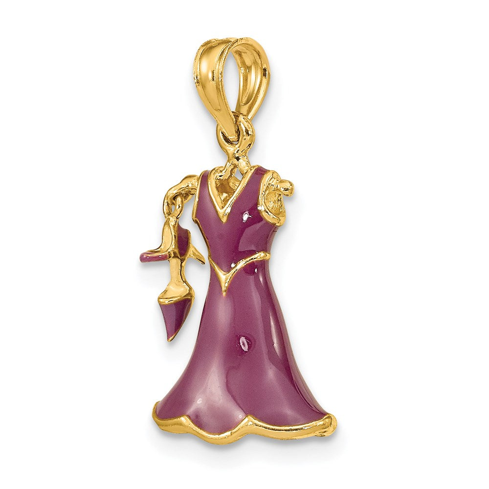 14k Yellow Gold 12.35 mm 3-D Moveable Enamel Purple Dress w/Shoe Charm (2.81 grams)
