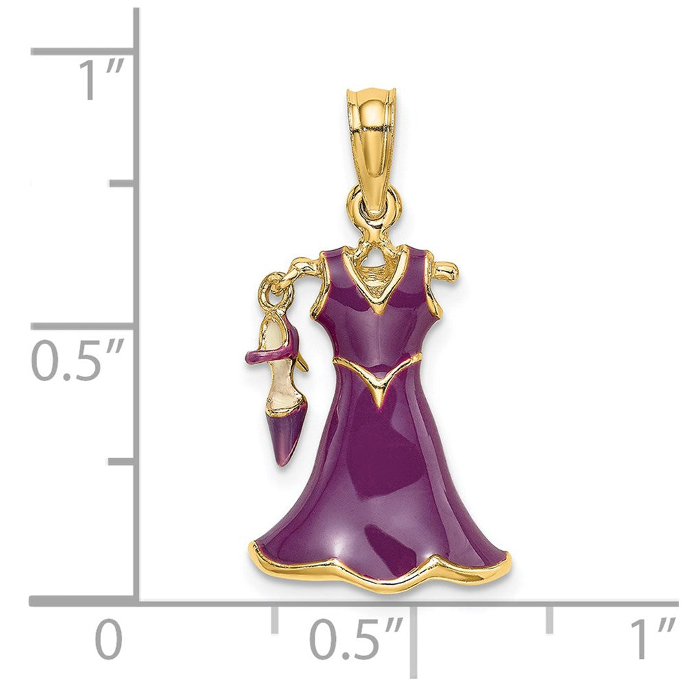 14k Yellow Gold 12.35 mm 3-D Moveable Enamel Purple Dress w/Shoe Charm (2.81 grams)