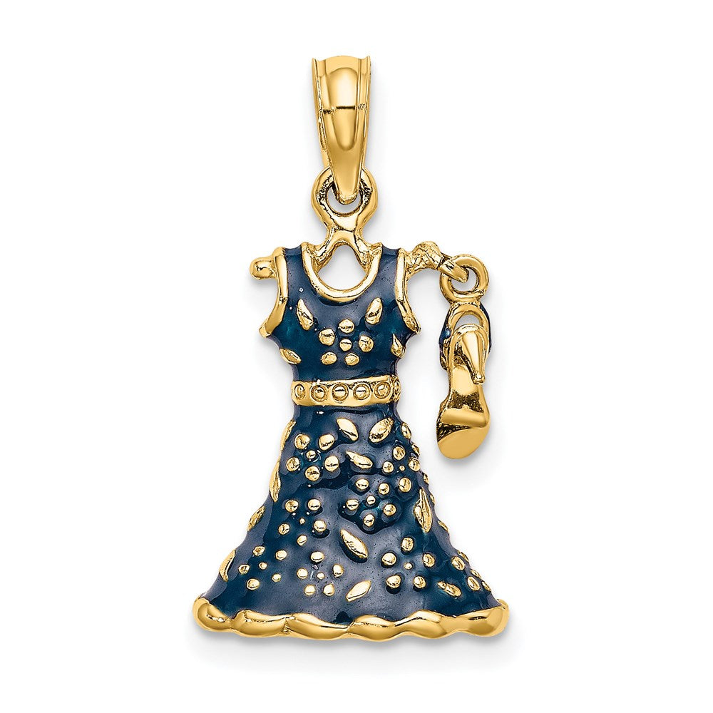 14k Yellow Gold 12.4 mm 3-D Moveable Enamel Blue Floral Dress w/ Shoe Charm (3.19 grams)