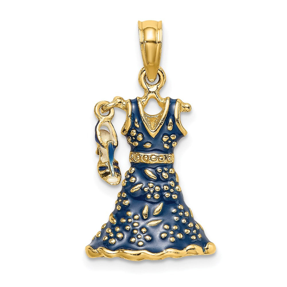 14k Yellow Gold 12.4 mm 3-D Moveable Enamel Blue Floral Dress w/ Shoe Charm (3.19 grams)