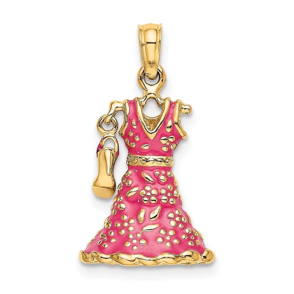 14k Yellow Gold 12.4 mm 3-D Moveable Enamel Pink Floral Dress w/ Shoe Charm (3.1 grams)