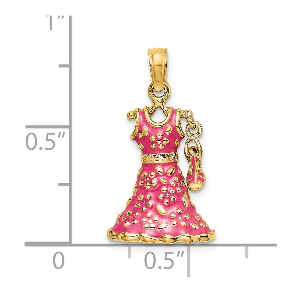 14k Yellow Gold 12.4 mm 3-D Moveable Enamel Pink Floral Dress w/ Shoe Charm (3.1 grams)