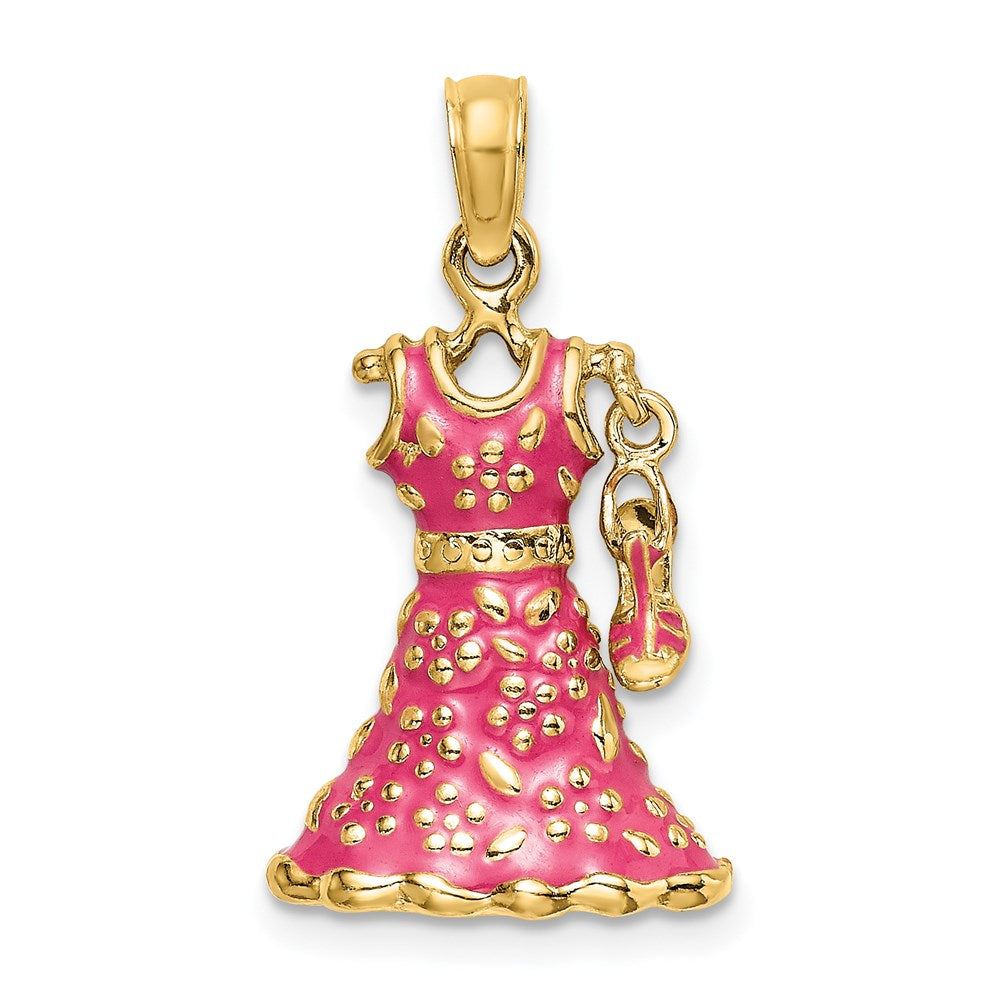 14K Yellow Gold 12.4 mm 3-D Moveable Enamel Pink Floral Dress w/ Shoe Charm (3.1 grams)
