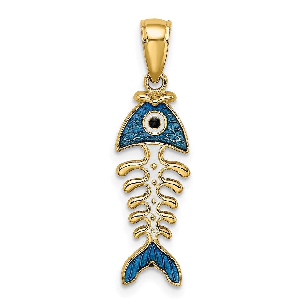 14k Yellow Gold 7.9 mm 3D Blue Enamel Fish Bone Charm (1.57 grams)