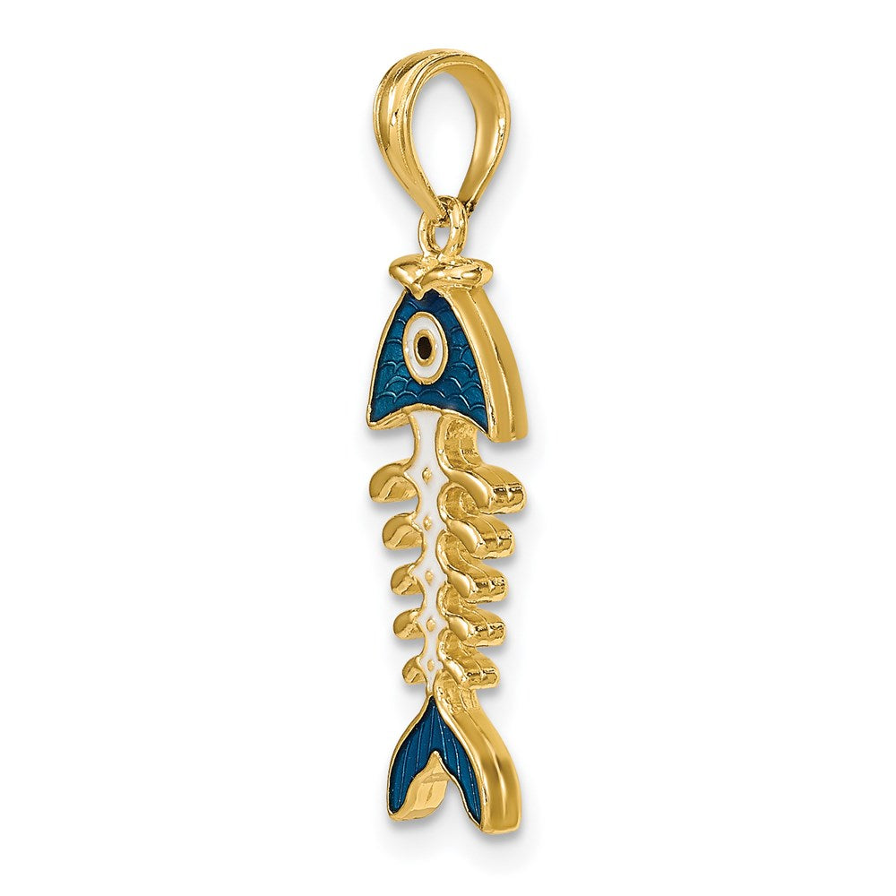 14k Yellow Gold 7.9 mm 3D Blue Enamel Fish Bone Charm (1.57 grams)
