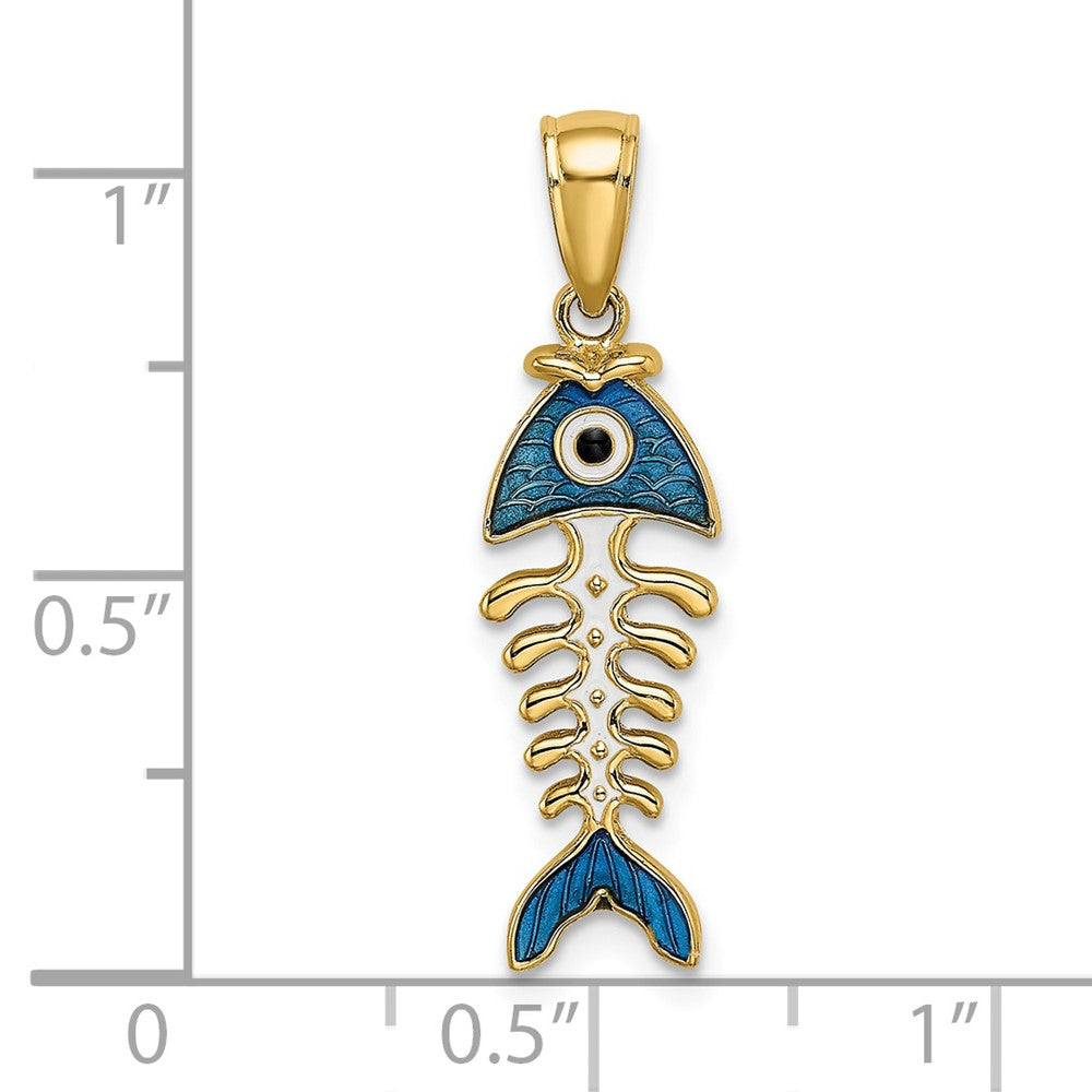 14k Yellow Gold 7.9 mm 3D Blue Enamel Fish Bone Charm (1.57 grams)