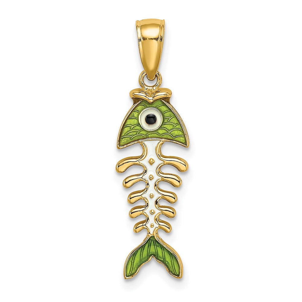 14k Yellow Gold 7.9 mm 3D Green Enamel Fish Bone Charm (1.61 grams)