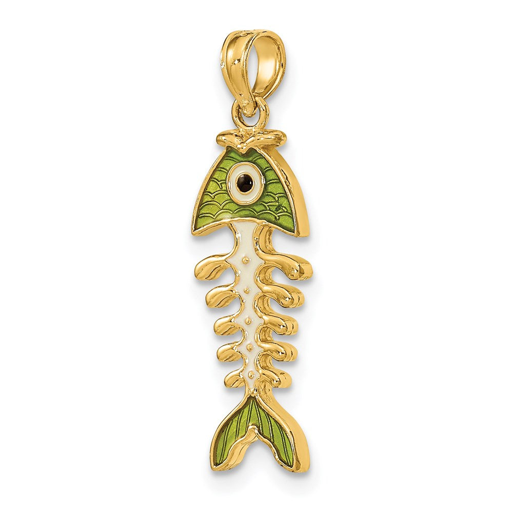 14k Yellow Gold 7.9 mm 3D Green Enamel Fish Bone Charm (1.61 grams)