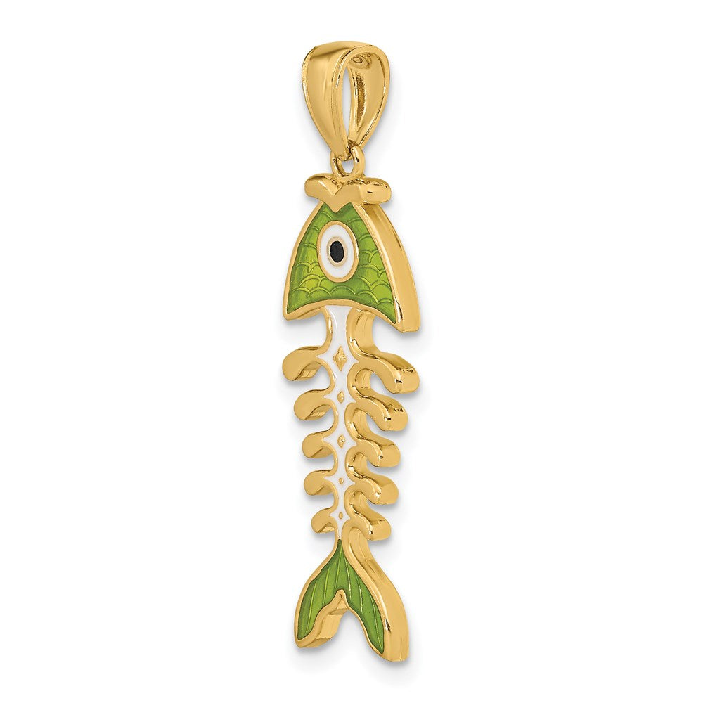 14k Yellow Gold 10.4 mm 3D Green Enamel Fish Bone Charm (2.66 grams)