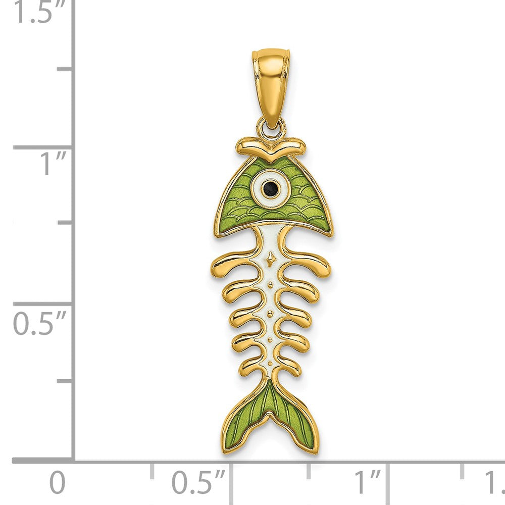 14k Yellow Gold 10.4 mm 3D Green Enamel Fish Bone Charm (2.66 grams)