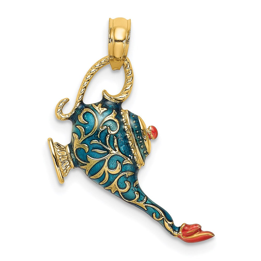 14k Yellow Gold 14.38 mm w/ Enamel 3-D Textured Blue Genie Lamp Charm (2.66 grams)