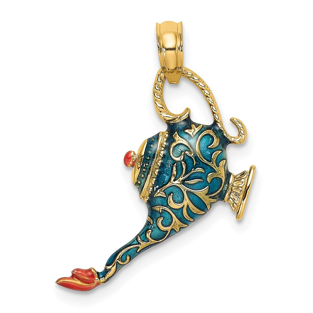 14k Yellow Gold 14.38 mm w/ Enamel 3-D Textured Blue Genie Lamp Charm (2.66 grams)