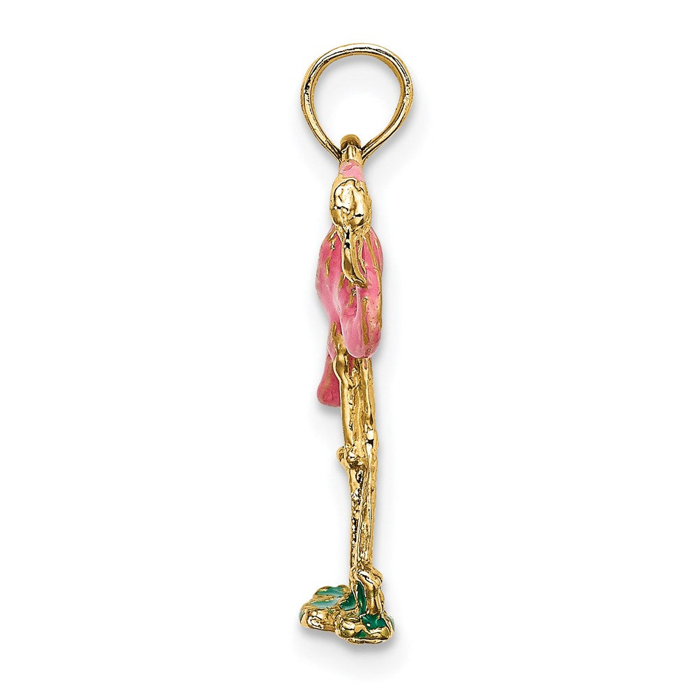 14k Yellow Gold 10.9 mm 3-D Pink Enamel Flamingo Charm (1.46 grams)