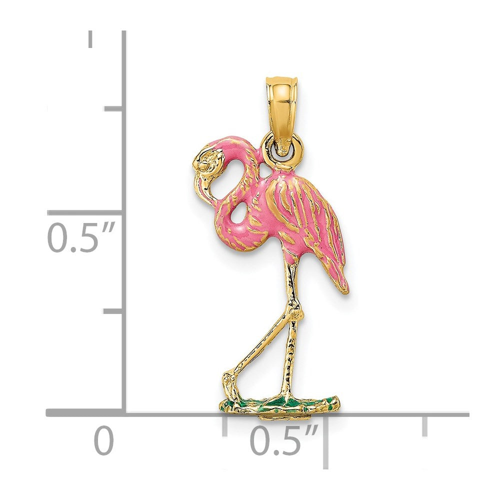 14k Yellow Gold 10.9 mm 3-D Pink Enamel Flamingo Charm (1.46 grams)
