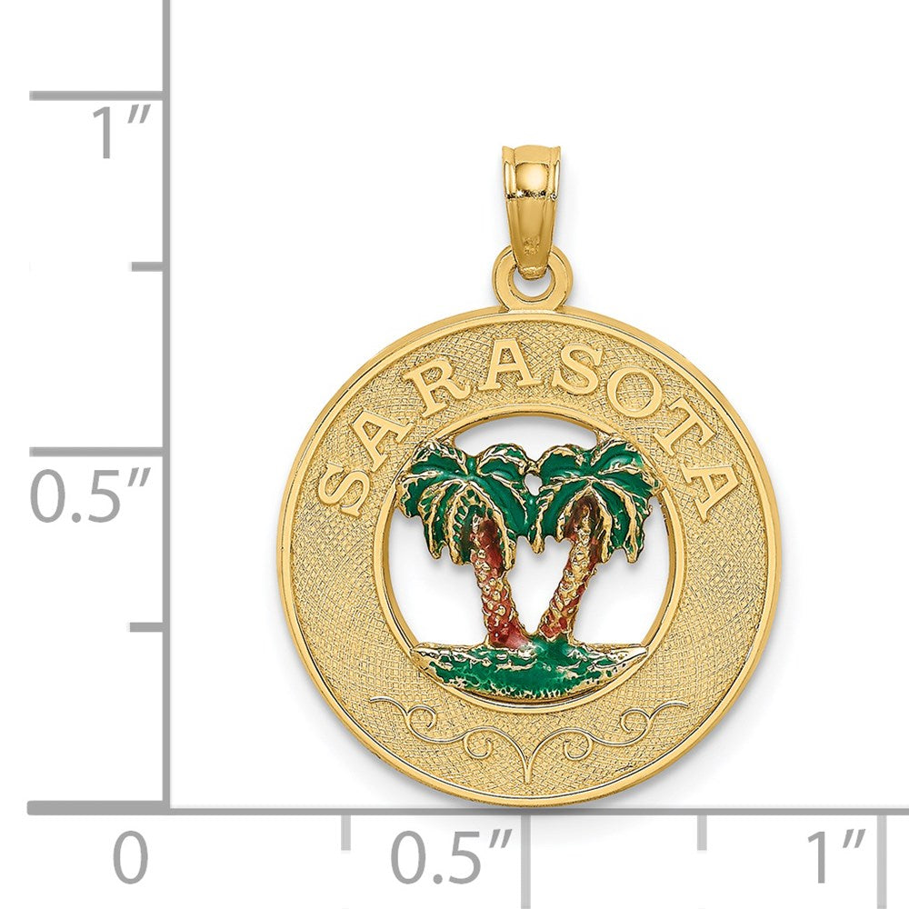 14k Yellow Gold 19.2 mm w/ Enamel SARASOTA Circle Palm Tree Charm (2.04 grams)