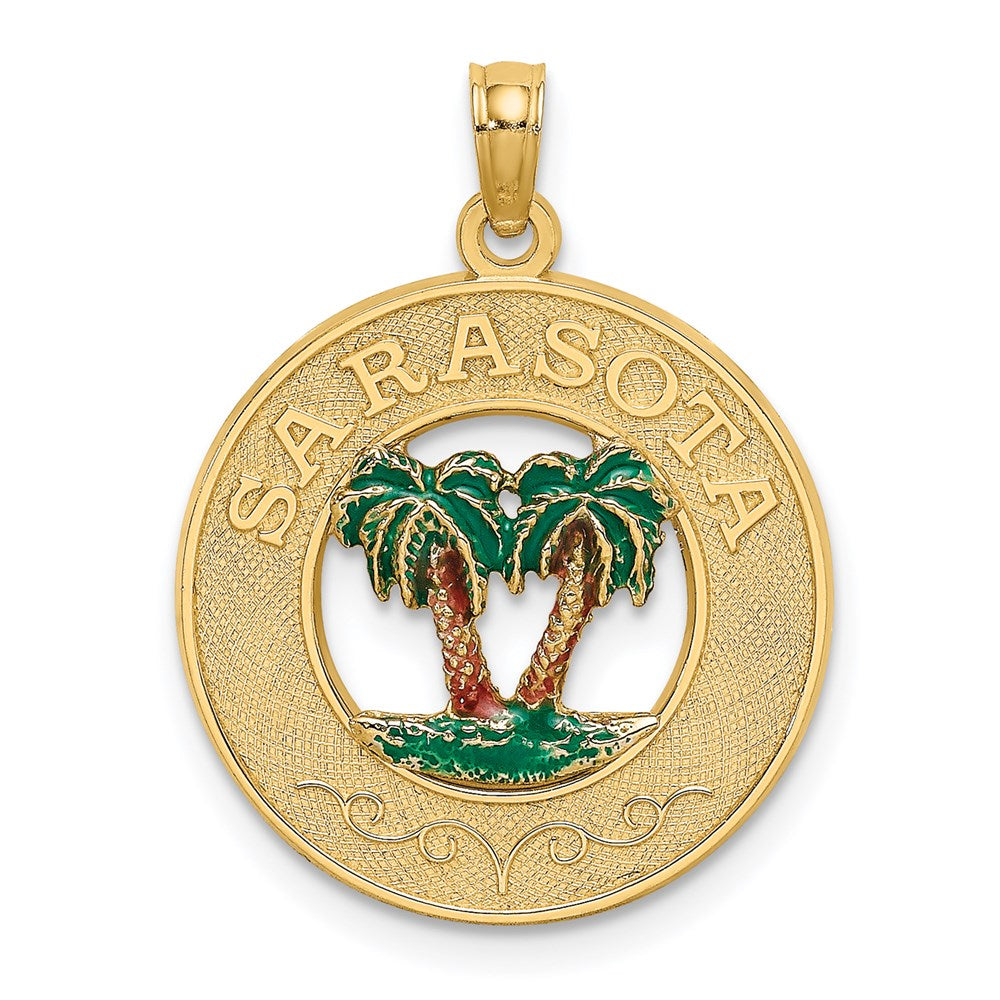 14k Yellow Gold 19.2 mm w/ Enamel SARASOTA Circle Palm Tree Charm (2.04 grams)