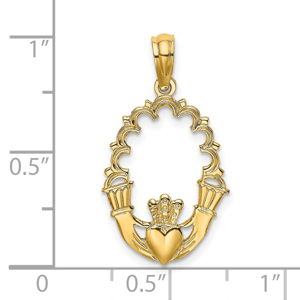 14k Yellow Gold 14 mm Engraved Claddagh In Oval w/ Lace Trim Charm (0.72 grams)