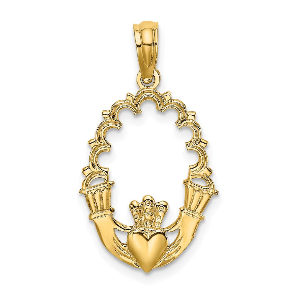 14k Yellow Gold 14 mm Engraved Claddagh In Oval w/ Lace Trim Charm (0.72 grams)