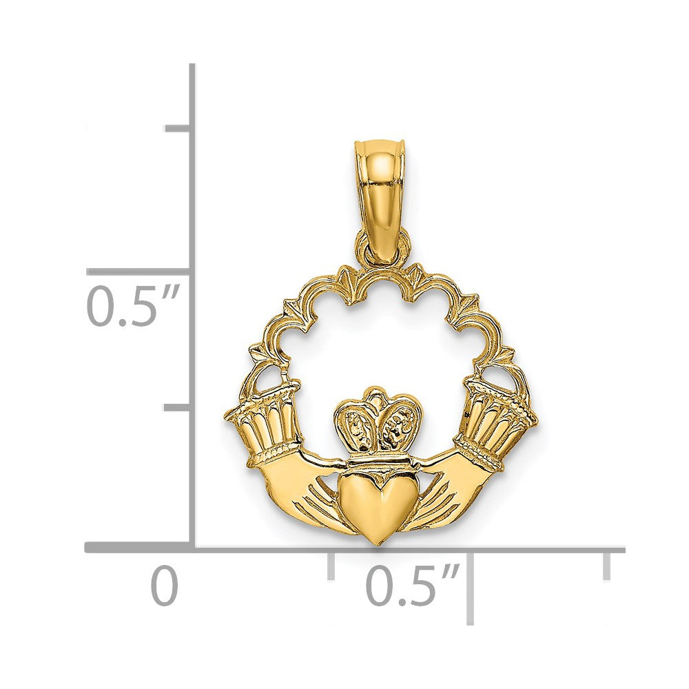 14k Yellow Gold 15 mm Engraved Claddagh In Scallop Circle Charm (0.75 grams)