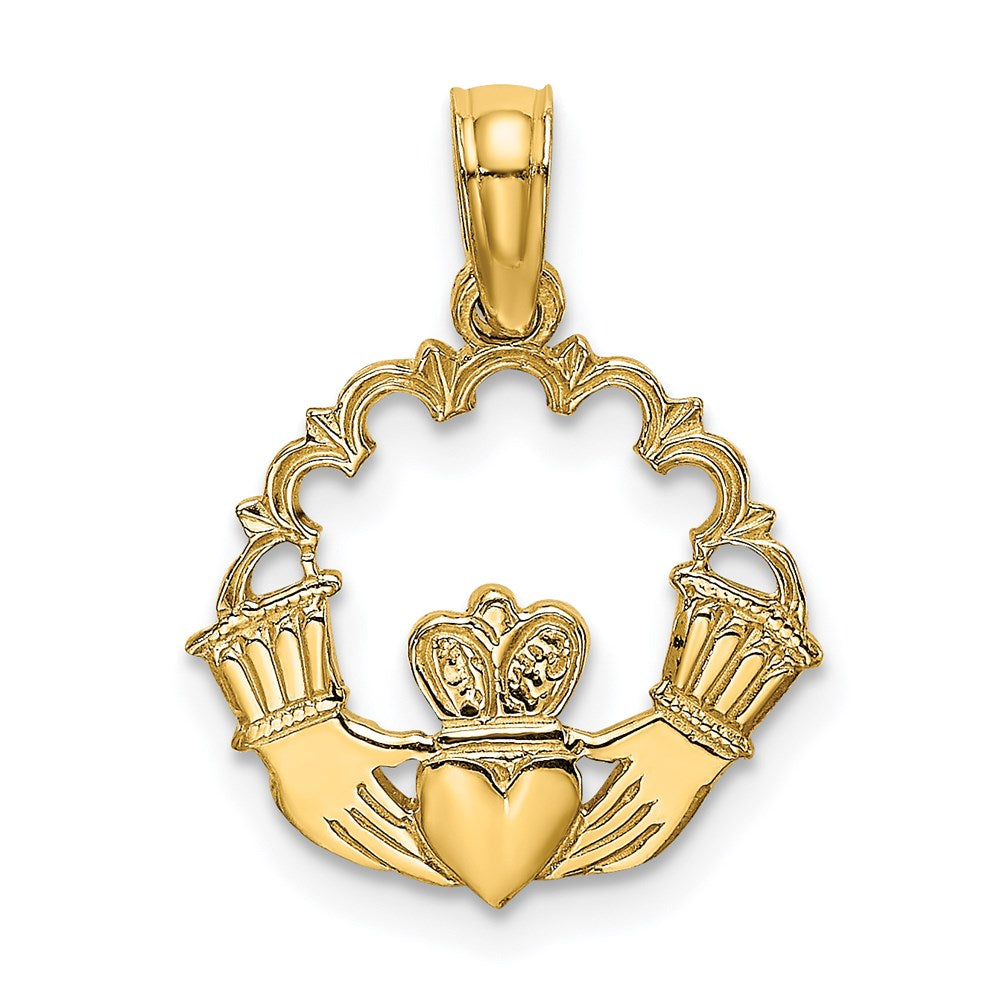 14k Yellow Gold 15 mm Engraved Claddagh In Scallop Circle Charm (0.75 grams)