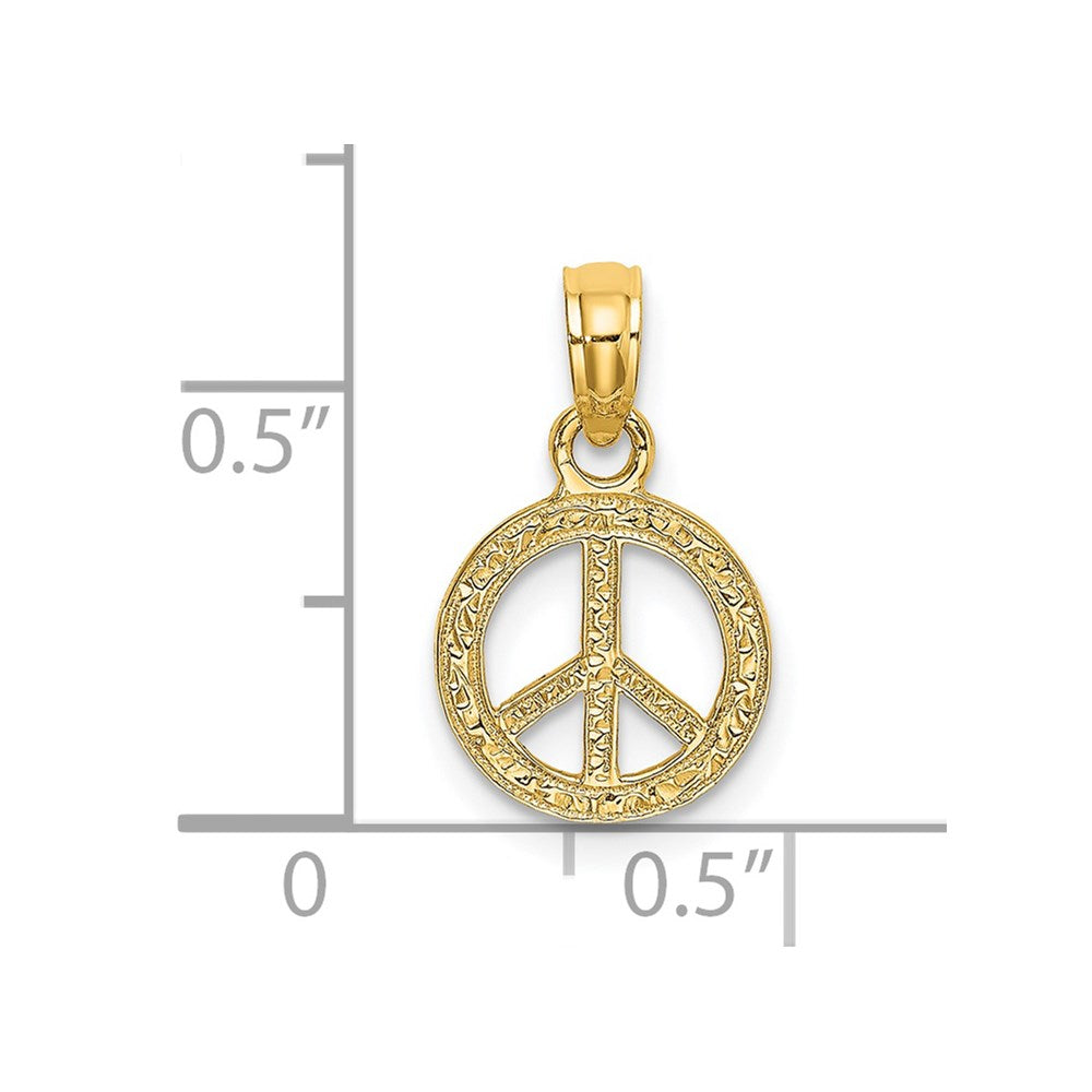 14k Yellow Gold 10.1 mm Flat Textured Mini Peace Sign Charm (0.53 grams)