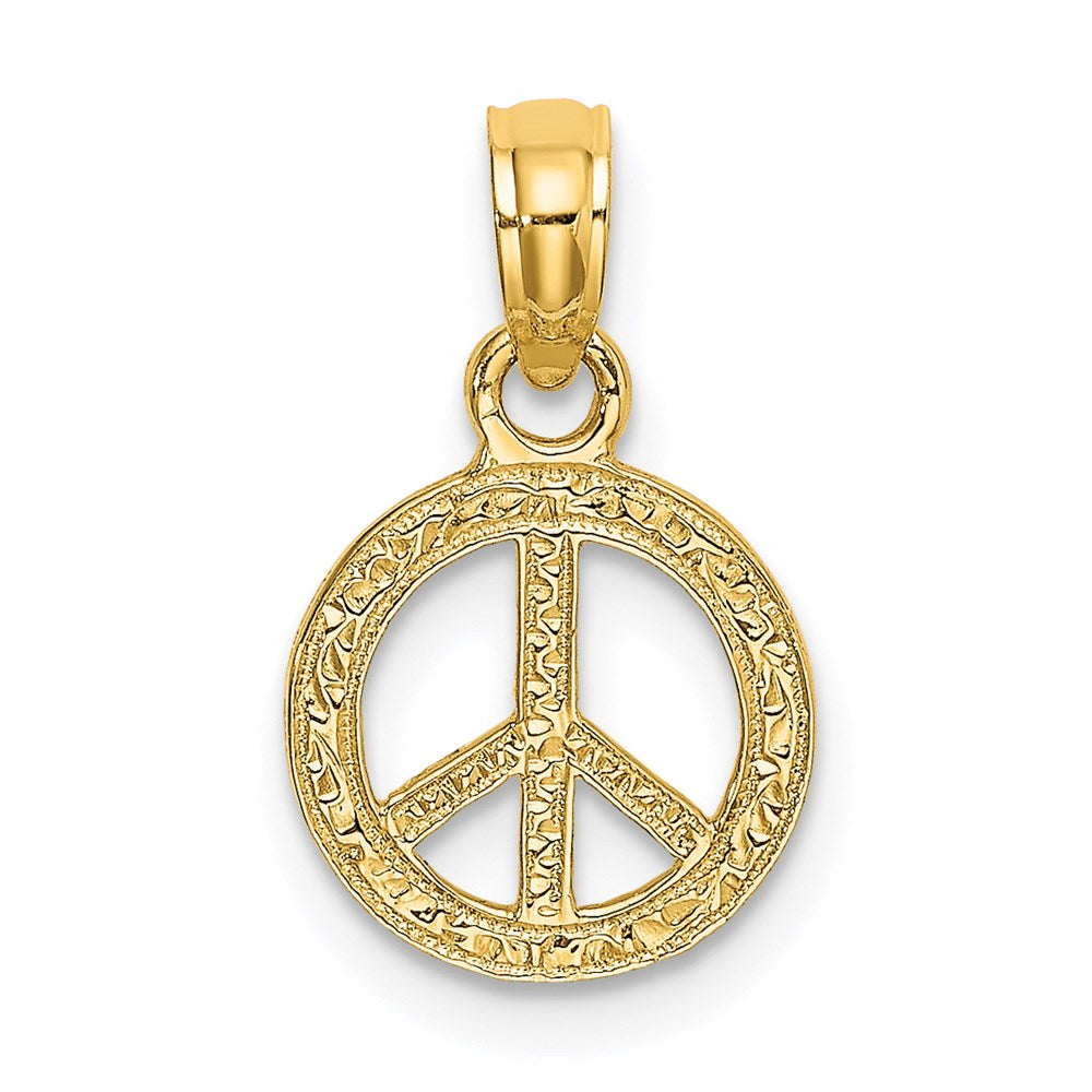 14k Yellow Gold 10.1 mm Flat Textured Mini Peace Sign Charm (0.53 grams)