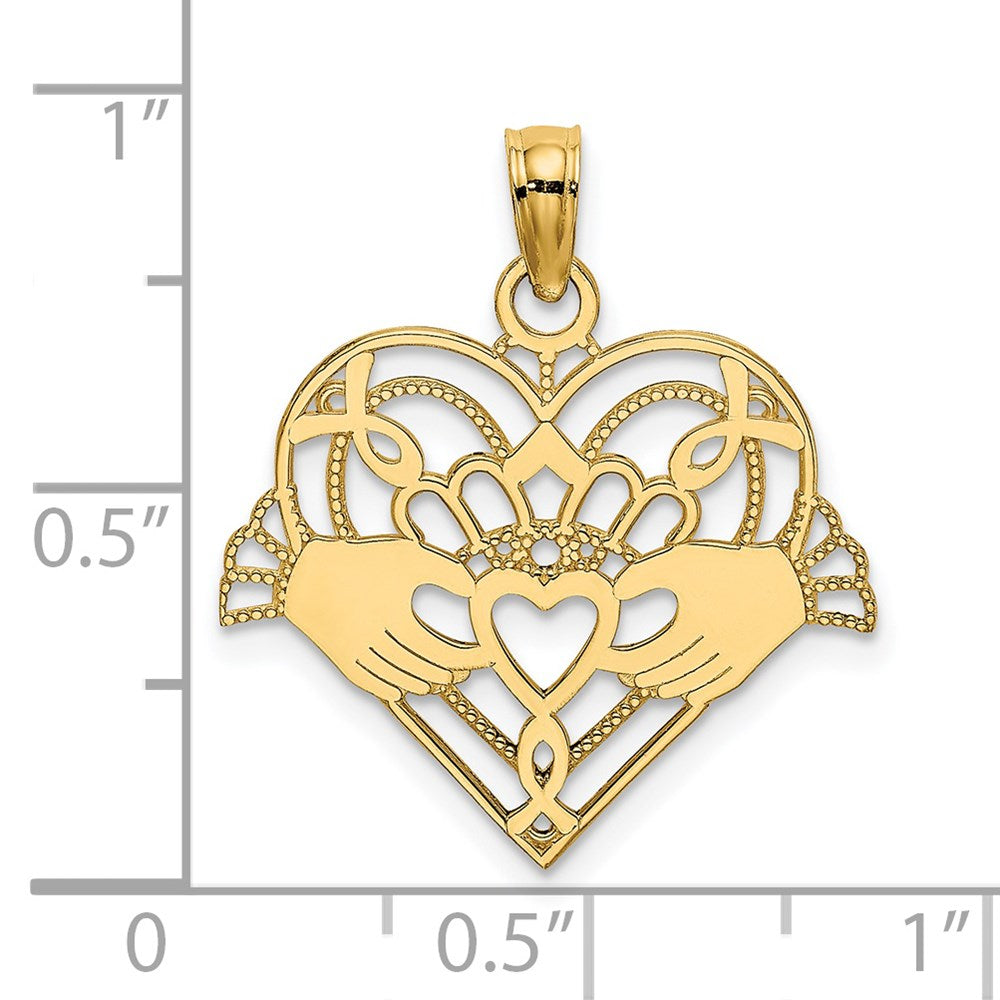14K Polished and Beaded Claddagh In Heart Charm (0.83 grams)