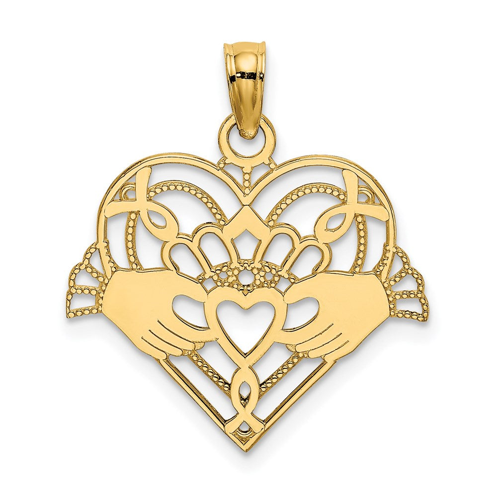 14K Polished and Beaded Claddagh In Heart Charm (0.83 grams)